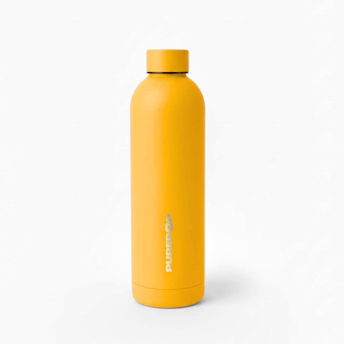 The Purepop Core Series | Sunshine Yellow is a bright yellow, leakproof water bottle with thermal insulation and a screw-on lid, featuring "PUREPOP" vertically in white on the front against a plain white background.